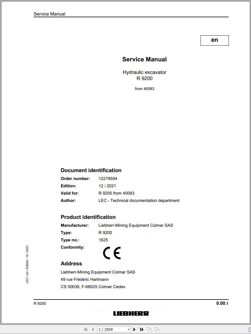 Liebherr Hydraulic Excavator R9200 Service Manual 40083 12.2021