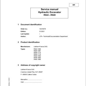 Liebherr Hydraulic Excavator R922 to R945 Service Manual 10216478 01.2021