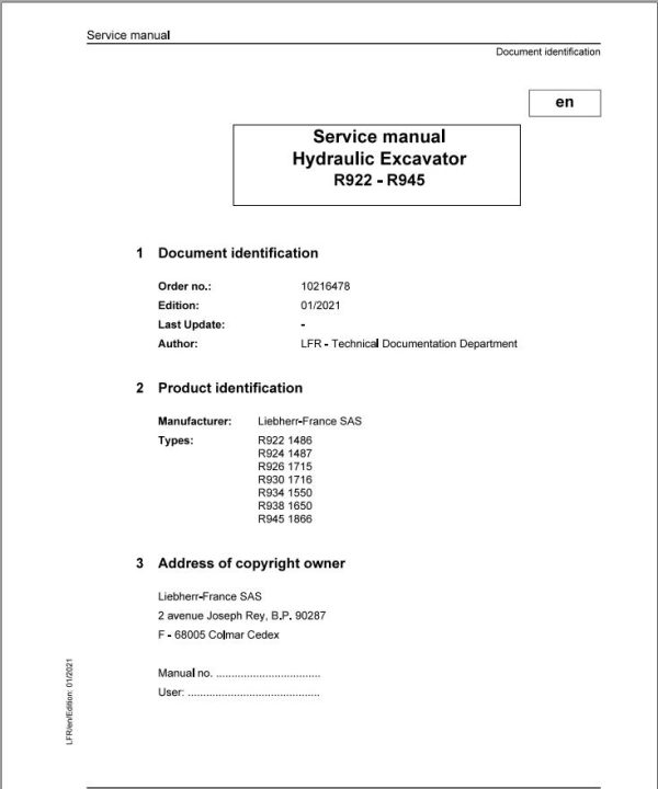 Liebherr Hydraulic Excavator R922 to R945 Service Manual 10216478 01.2021