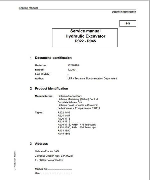 Liebherr Hydraulic Excavator R922 to R945 Service Manual 10216478 12.2021