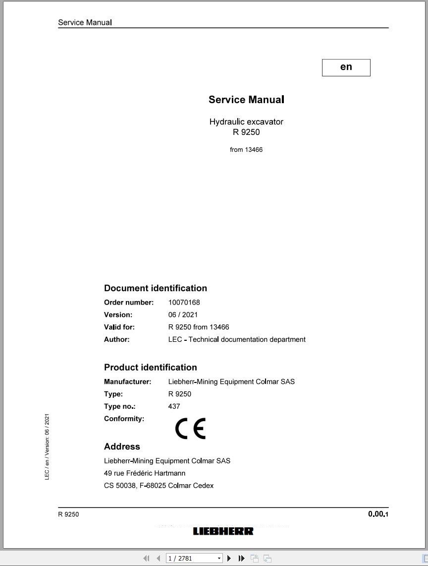 Liebherr Hydraulic Excavator R9250 Service Manual 13466 06.2021