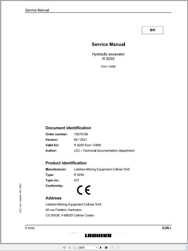 Liebherr Hydraulic Excavator R9250 Service Manual 13466 09.2021
