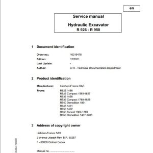Liebherr Hydraulic Excavator R926 to R950 Service Manual 10216478 12.2021