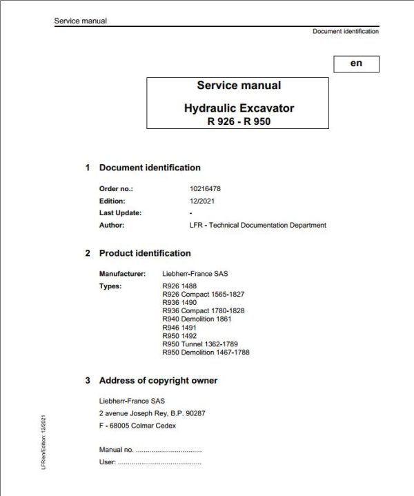 Liebherr Hydraulic Excavator R926 to R950 Service Manual 10216478 12.2021