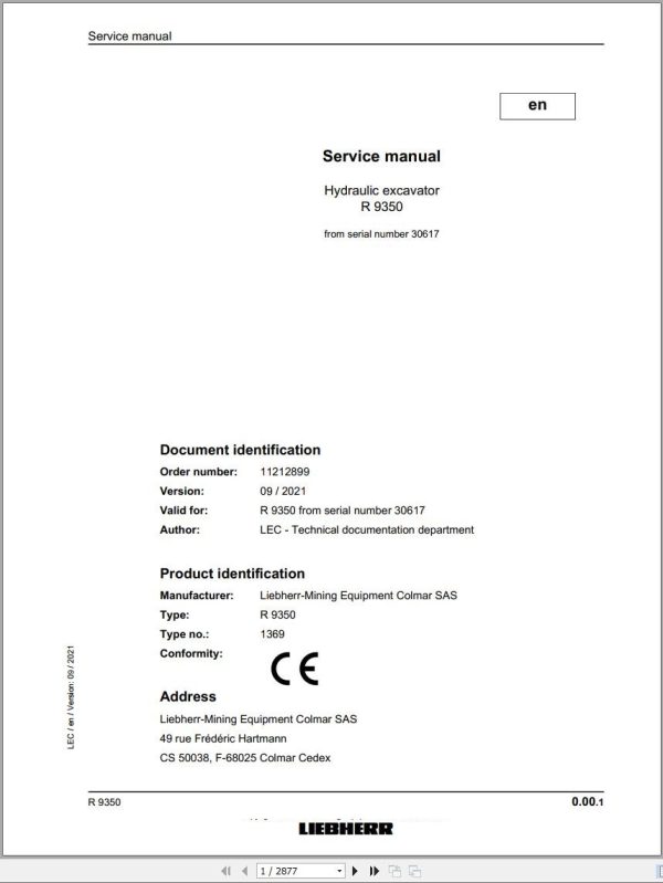 Liebherr Hydraulic Excavator R9350 Service Manual 30617 09.2021