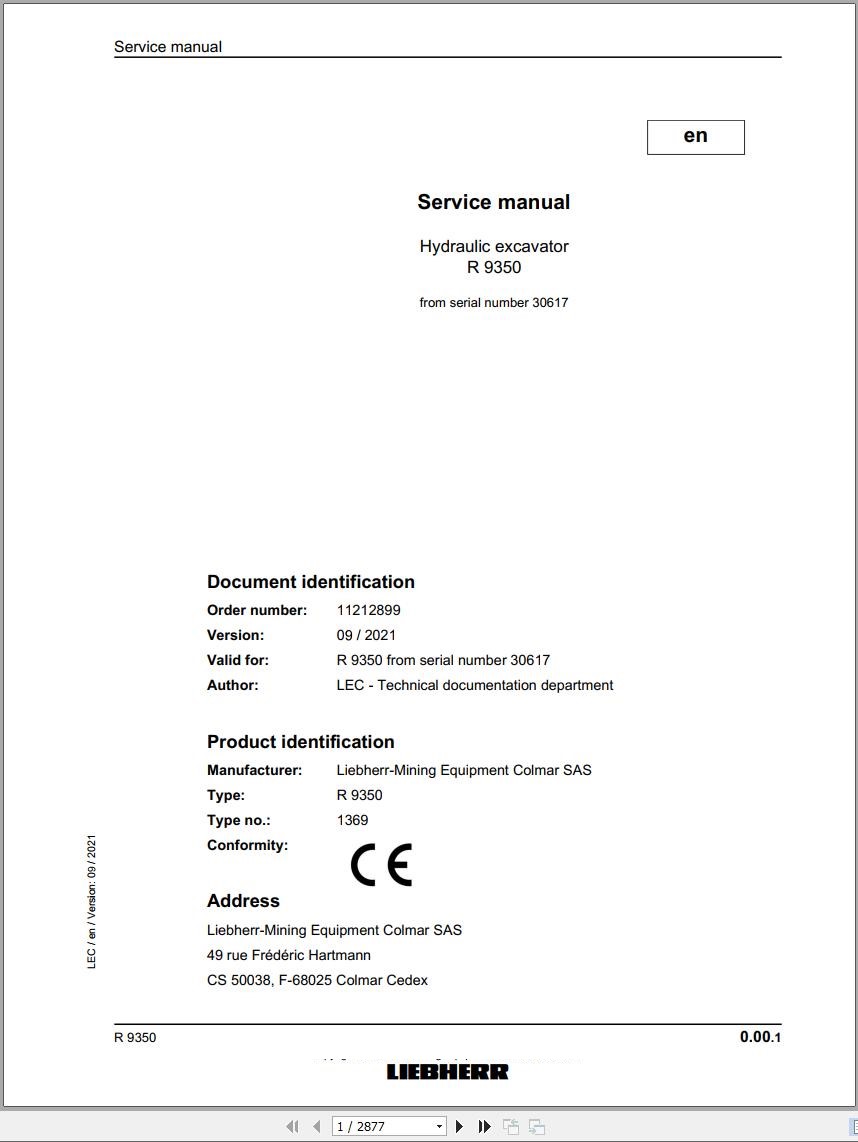 Liebherr Hydraulic Excavator R9350 Service Manual 30617 09.2021