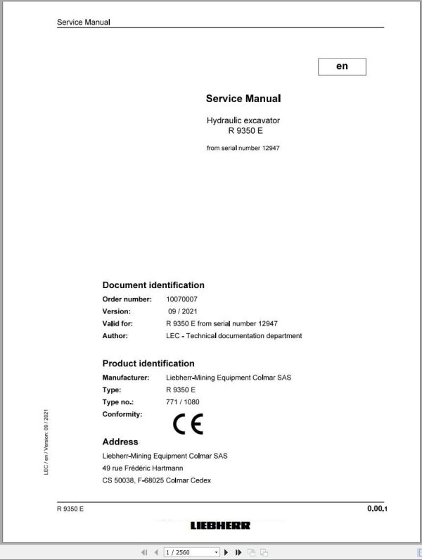 Liebherr Hydraulic Excavator R9350E Service Manual 12947 09.2021