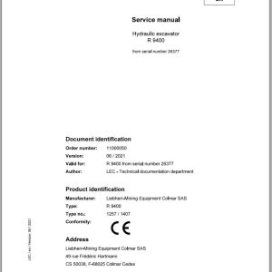 Liebherr Hydraulic Excavator R9400 Service Manual 26377 06.2021