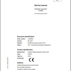 Liebherr Hydraulic Excavator R9400 Service Manual 31279 06.2021