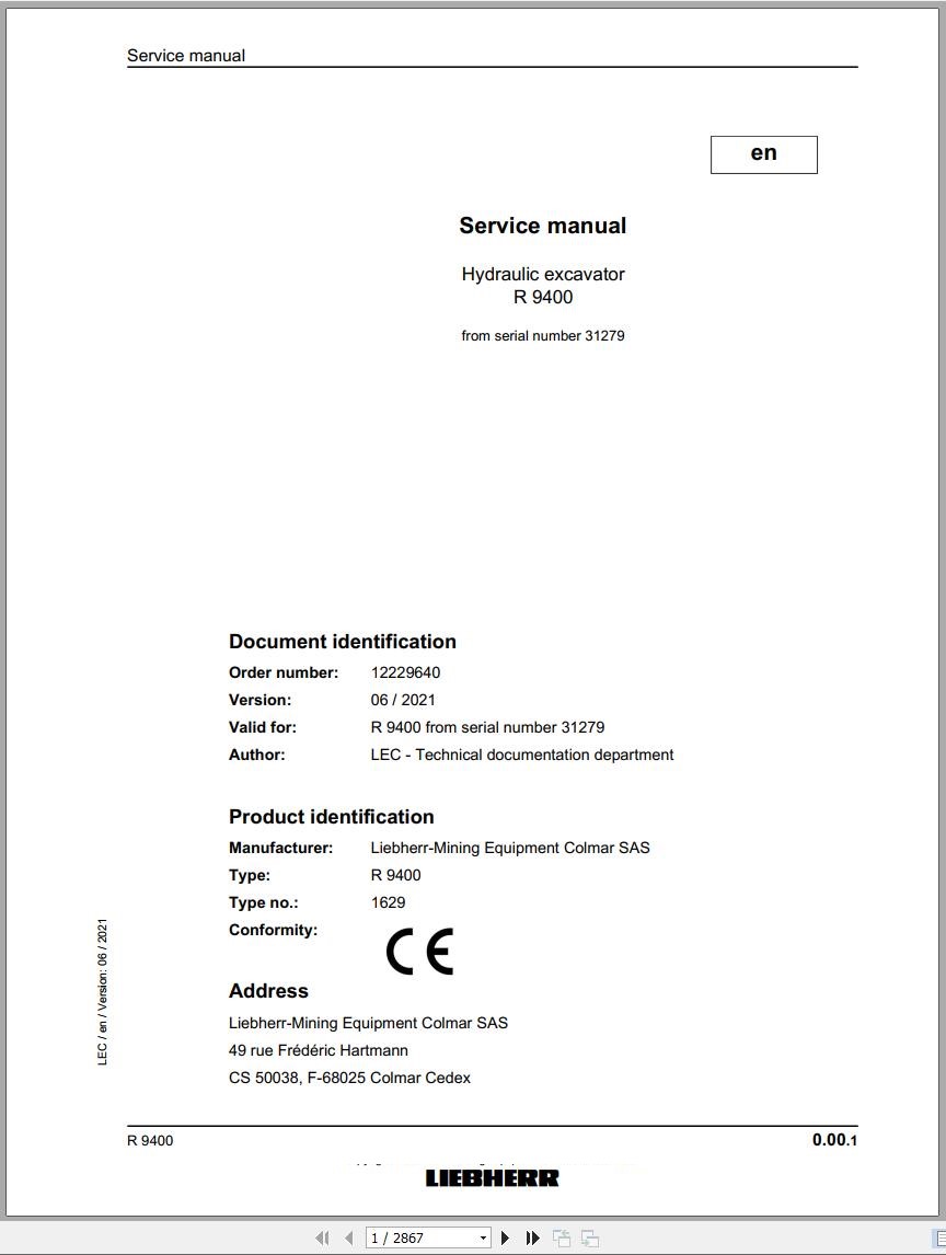 Liebherr Hydraulic Excavator R9400 Service Manual 31279 06.2021