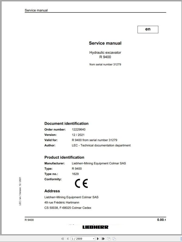 Liebherr Hydraulic Excavator R9400 Service Manual 31279 12.2021