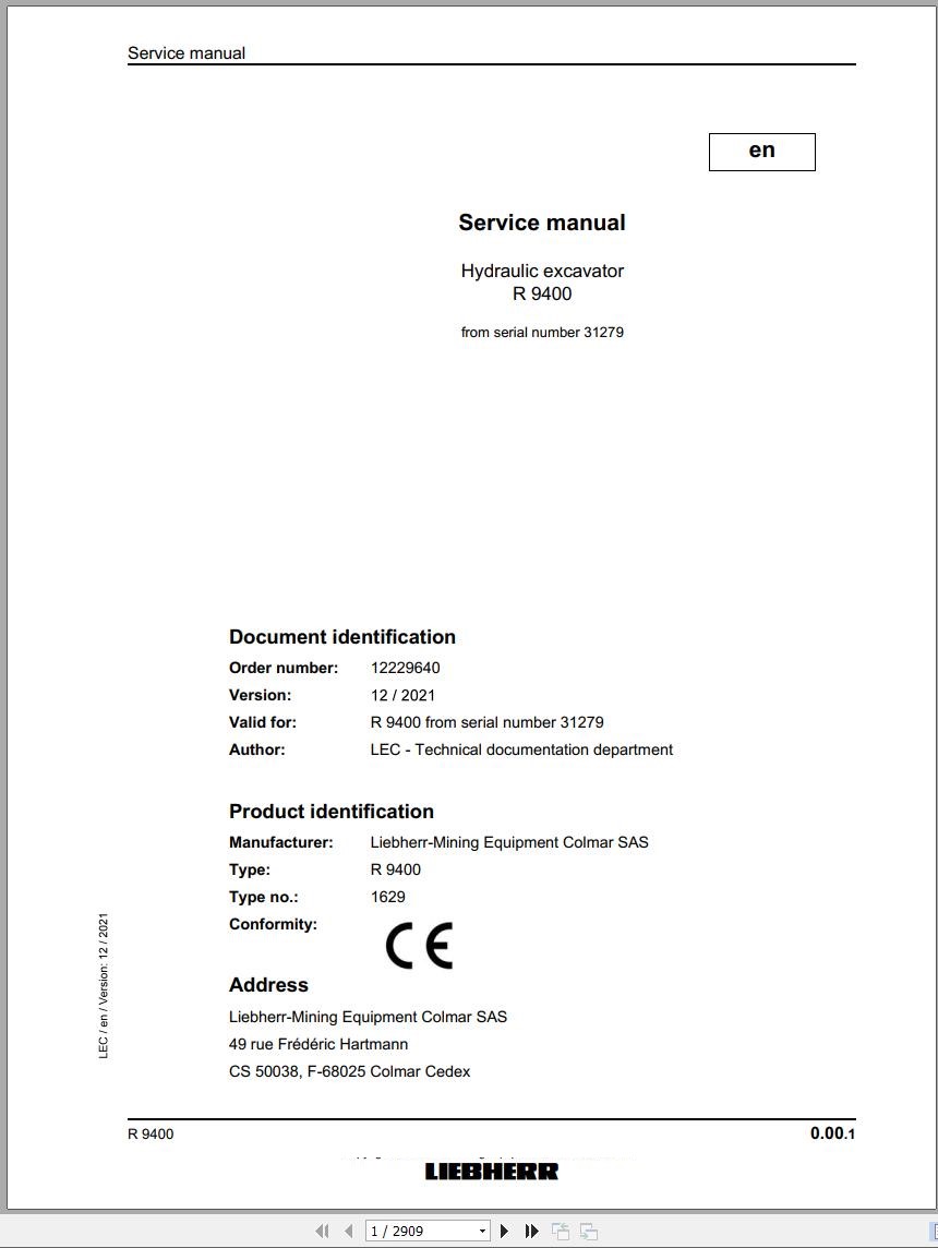 Liebherr Hydraulic Excavator R9400 Service Manual 31279 12.2021