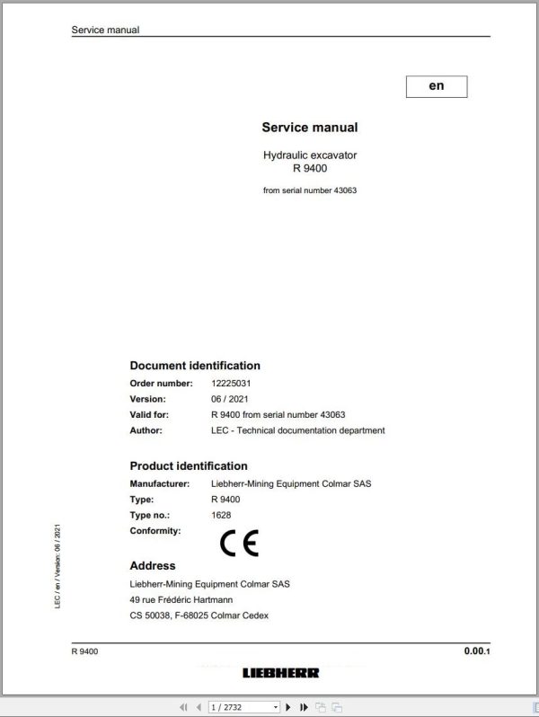 Liebherr Hydraulic Excavator R9400 Service Manual 43063 06.2021