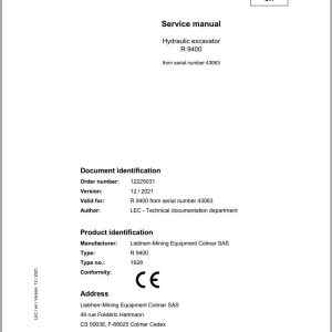 Liebherr Hydraulic Excavator R9400 Service Manual 43063 12.2021