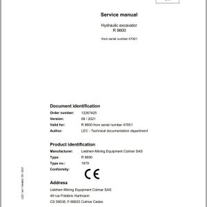Liebherr Hydraulic Excavator R9600 Service Manual 47001 09.2021