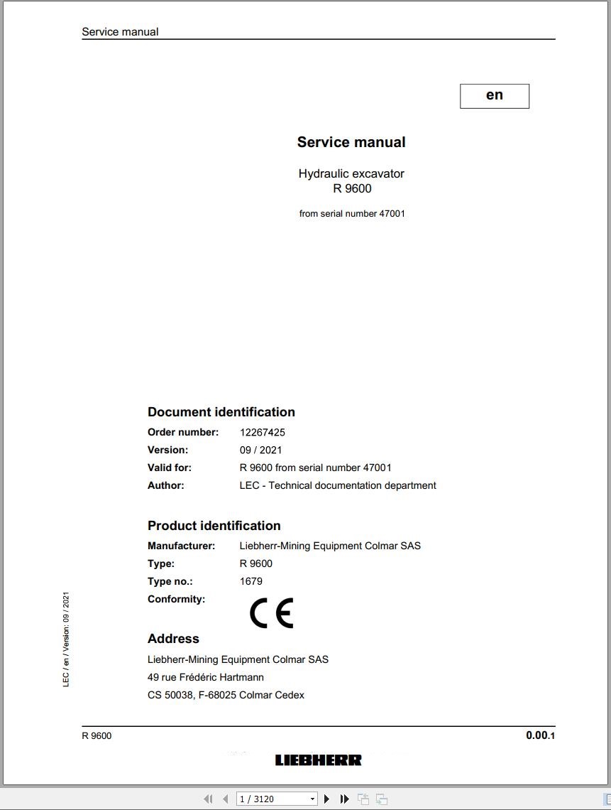 Liebherr Hydraulic Excavator R9600 Service Manual 47001 09.2021