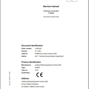 Liebherr Hydraulic Excavator R9600 Service Manual 47001 12.2021