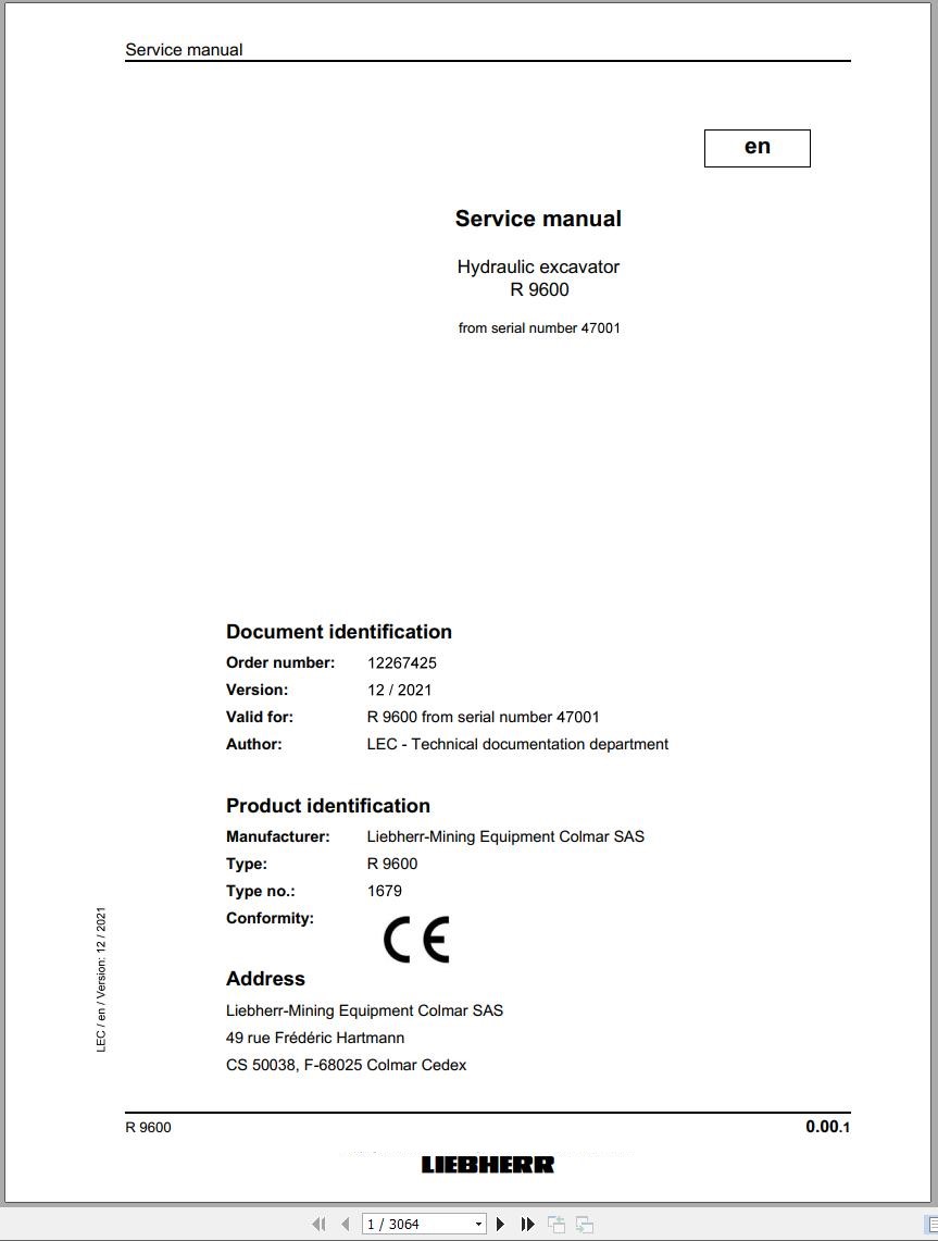 Liebherr Hydraulic Excavator R9600 Service Manual 47001 12.2021