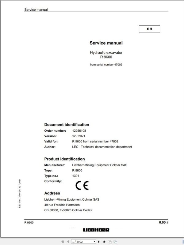 Liebherr Hydraulic Excavator R9600 Service Manual 47002 12.2021