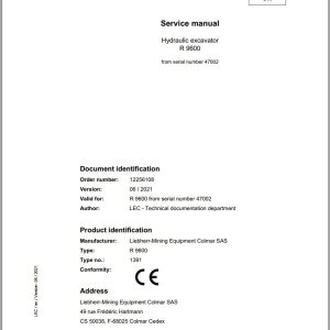 Liebherr Hydraulic Excavator R9600 Service Manual 47002 1391 06.2021