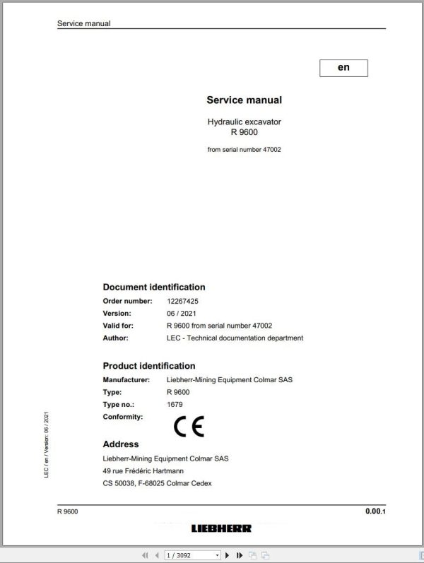 Liebherr Hydraulic Excavator R9600 Service Manual 47002 1679 06.2021
