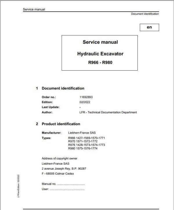 Liebherr Hydraulic Excavator R966 to R980 Service Manual 11692893 02.2022