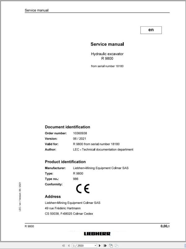 Liebherr Hydraulic Excavator R9800 Service Manual 18180 06.2021