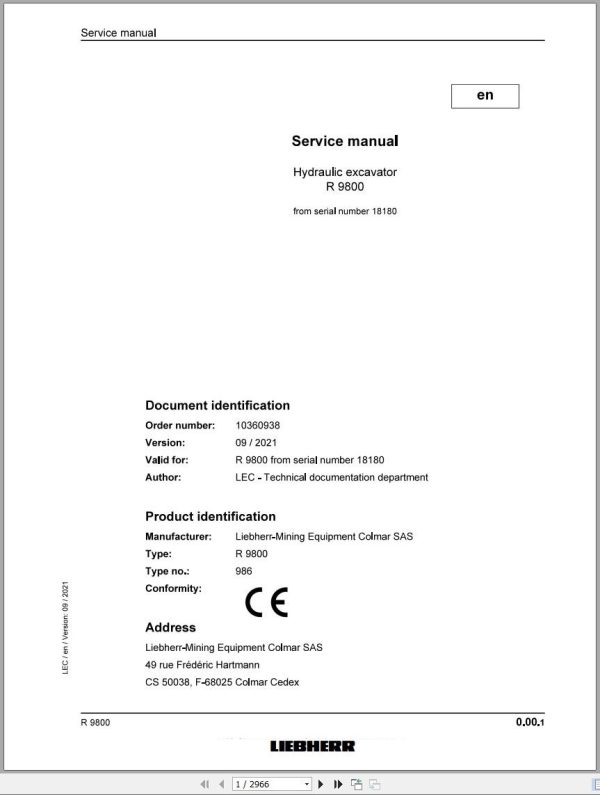 Liebherr Hydraulic Excavator R9800 Service Manual 18180 09.2021