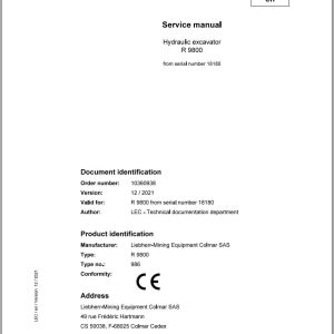 Liebherr Hydraulic Excavator R9800 Service Manual 18180 12.2021