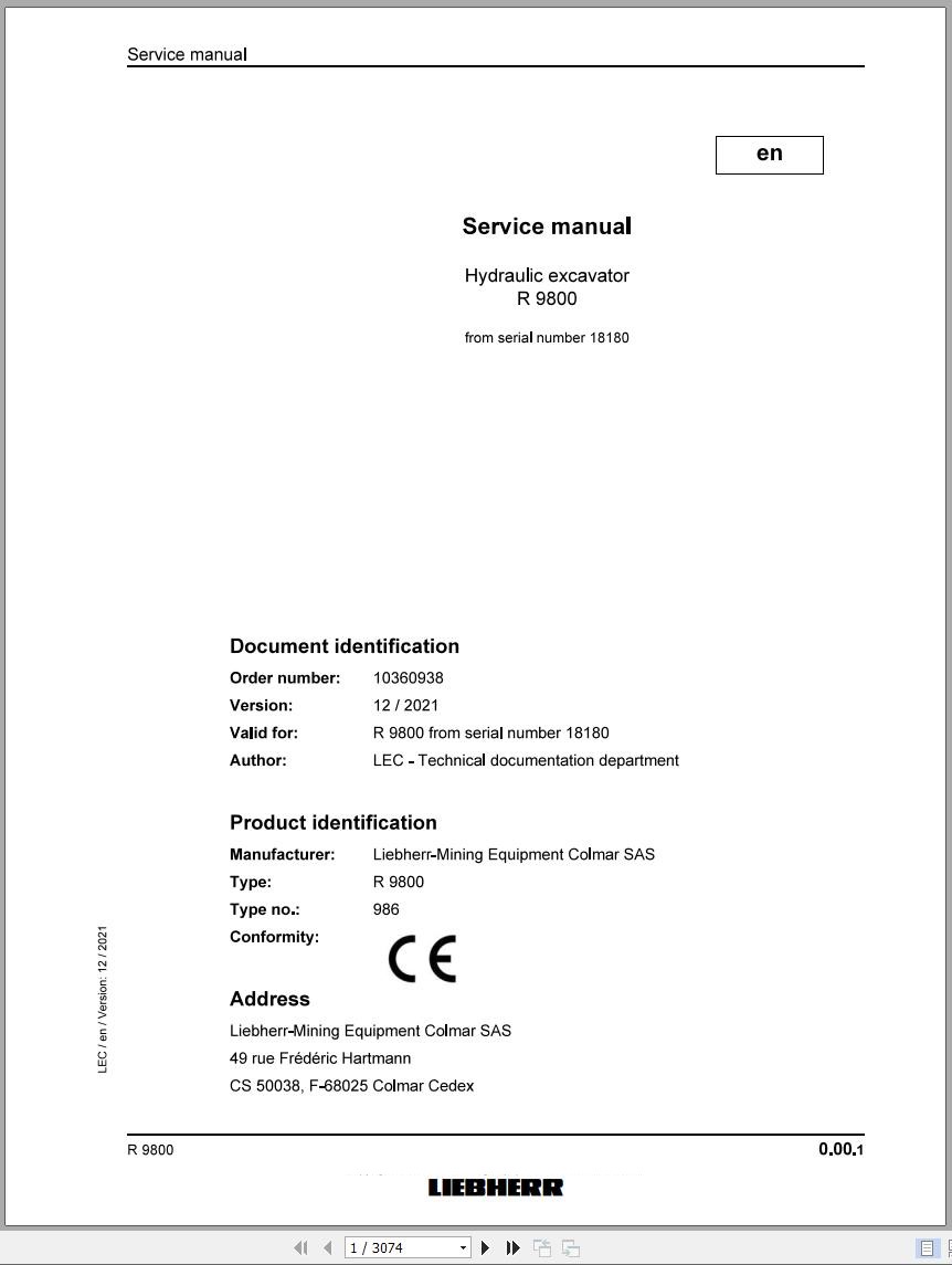 Liebherr Hydraulic Excavator R9800 Service Manual 18180 12.2021