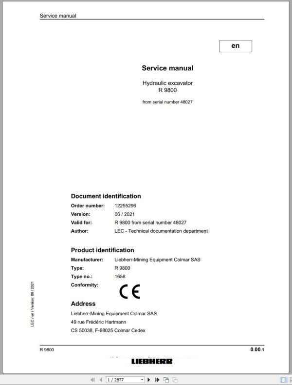 Liebherr Hydraulic Excavator R9800 Service Manual 48027 06.2021