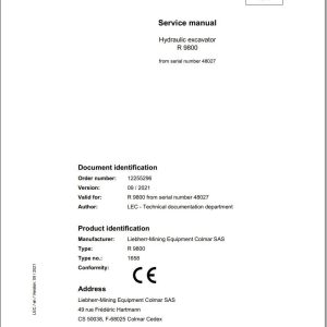 Liebherr Hydraulic Excavator R9800 Service Manual 48027 09.2021