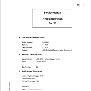 Liebherr Hydraulic Excavator TA230 Service Manual 12260085 12.2020