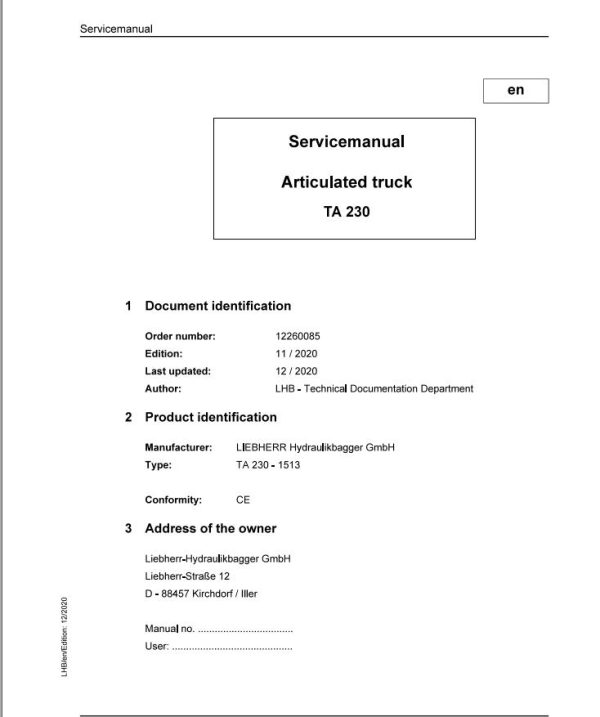 Liebherr Hydraulic Excavator TA230 Service Manual 12260085 12.2020