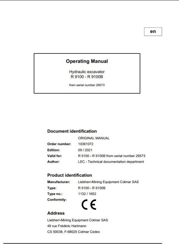 Liebherr Mining Crawler Excavators R9100 Operating Manual 2021