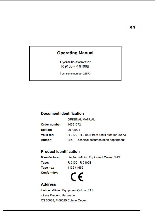 Liebherr Mining Crawler Excavators R9100 Operating Manual 2021