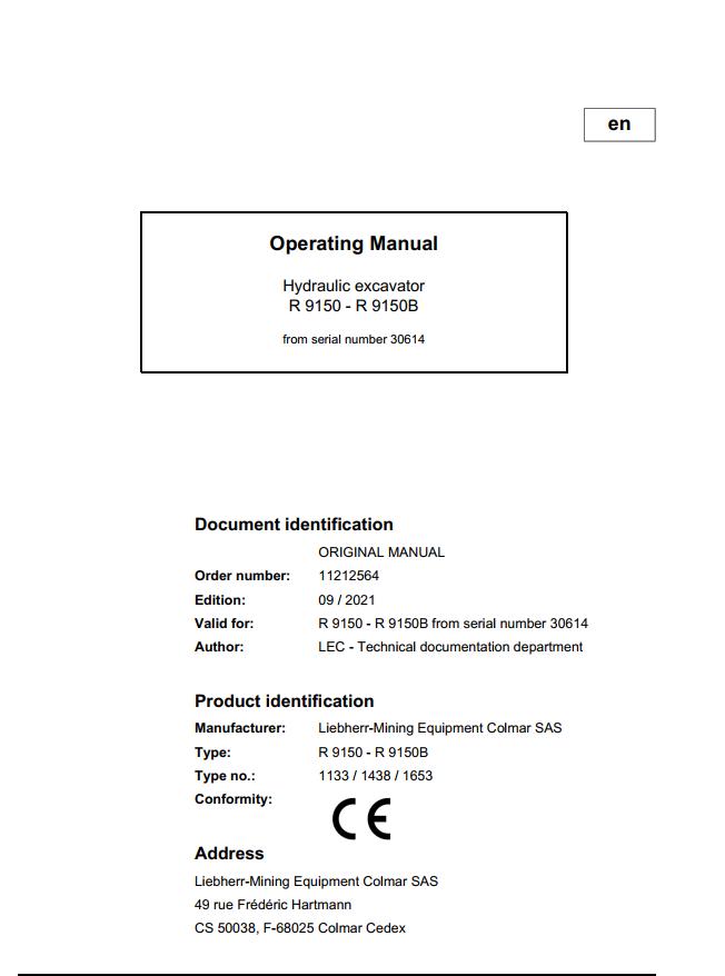 Liebherr Mining Crawler Excavators R9150 Operating Manual 2021
