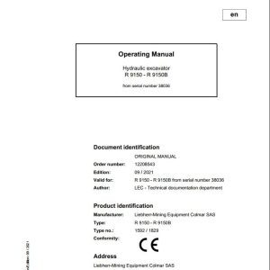 Liebherr Mining Crawler Excavators R9150 Operating Manual 38036 2021