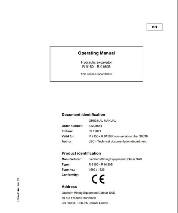 Liebherr Mining Crawler Excavators R9150 Operating Manual 38036 2021