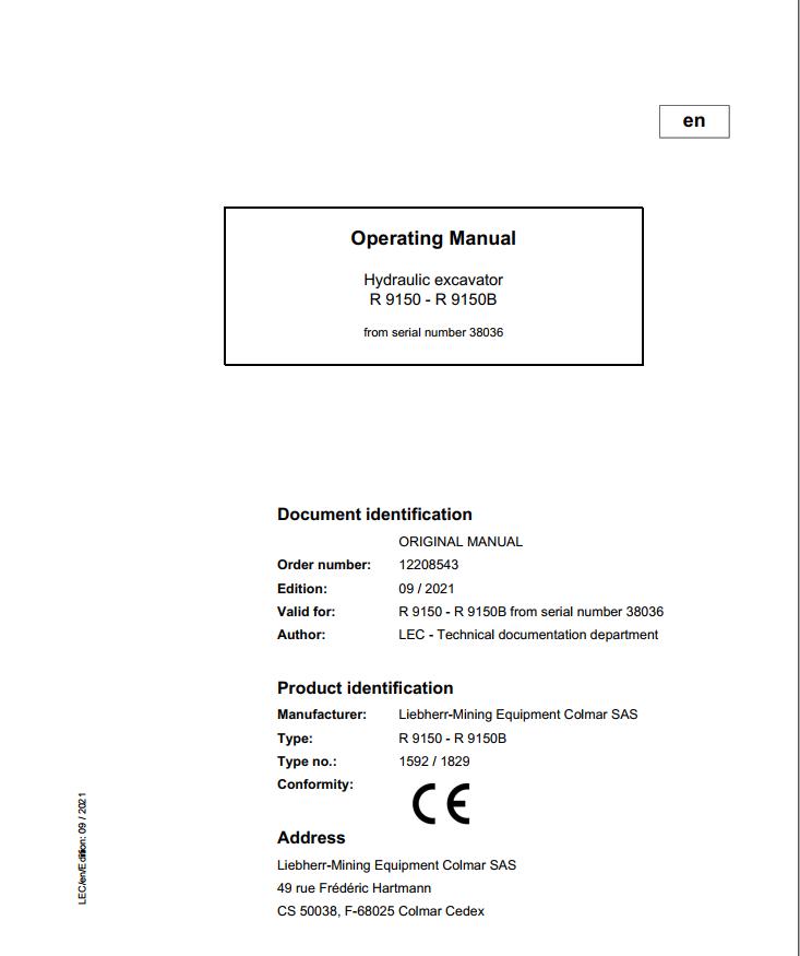 Liebherr Mining Crawler Excavators R9150 Operating Manual 38036 2021