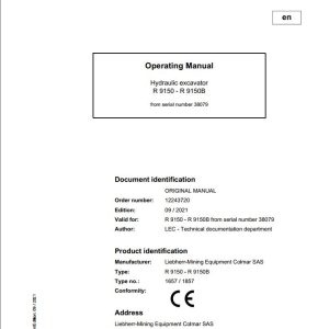 Liebherr Mining Crawler Excavators R9150 Operating Manual 38079 2021