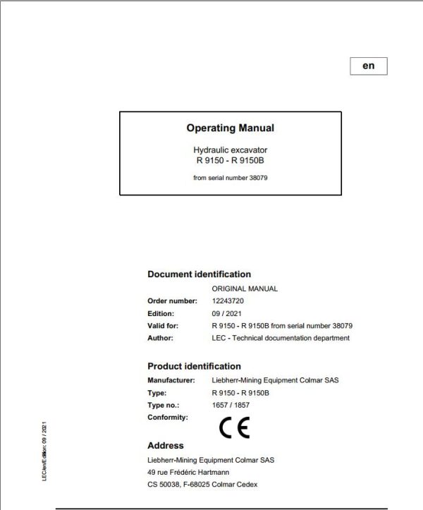 Liebherr Mining Crawler Excavators R9150 Operating Manual 38079 2021