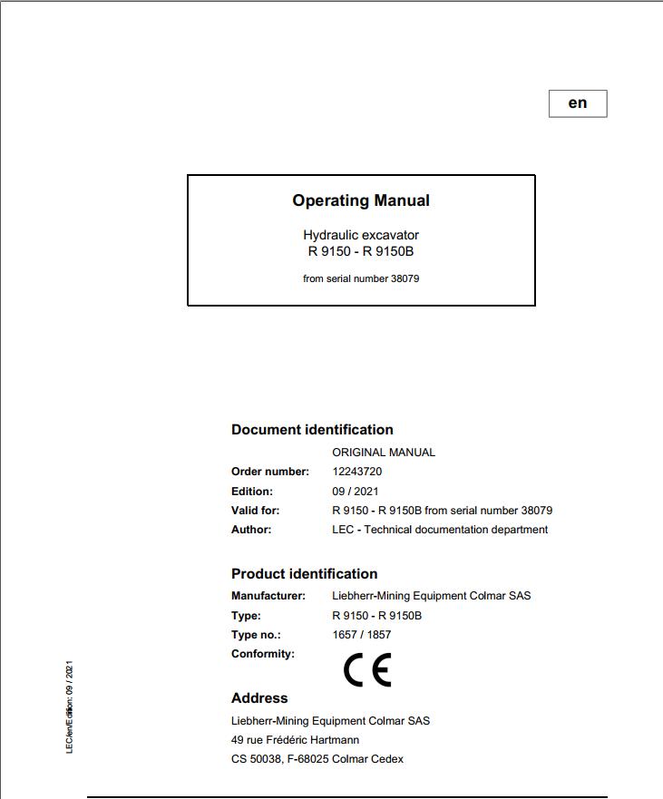 Liebherr Mining Crawler Excavators R9150 Operating Manual 38079 2021