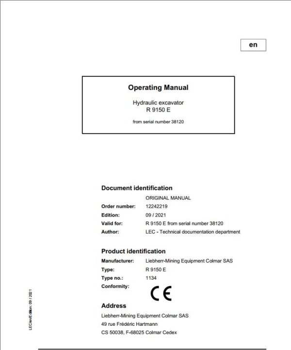 Liebherr Mining Crawler Excavators R9150E Operating Manual 2021
