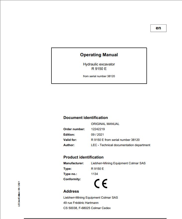 Liebherr Mining Crawler Excavators R9150E Operating Manual 2021