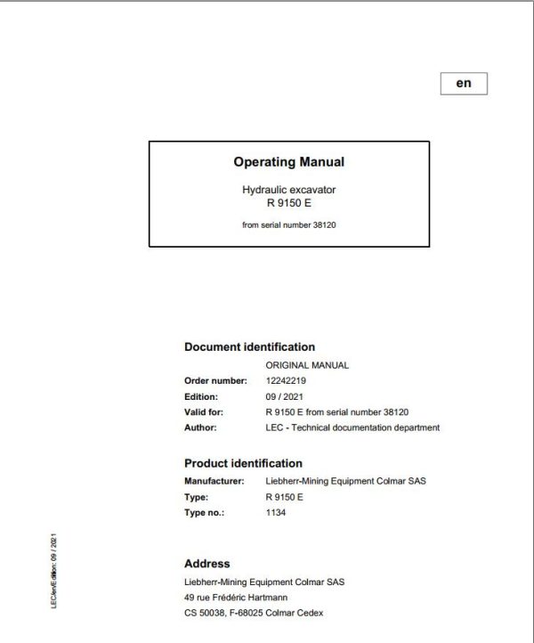 Liebherr Mining Crawler Excavators R9150E US Operating Manual 2021