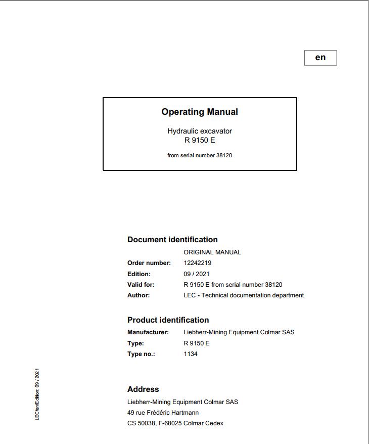 Liebherr Mining Crawler Excavators R9150E US Operating Manual 2021