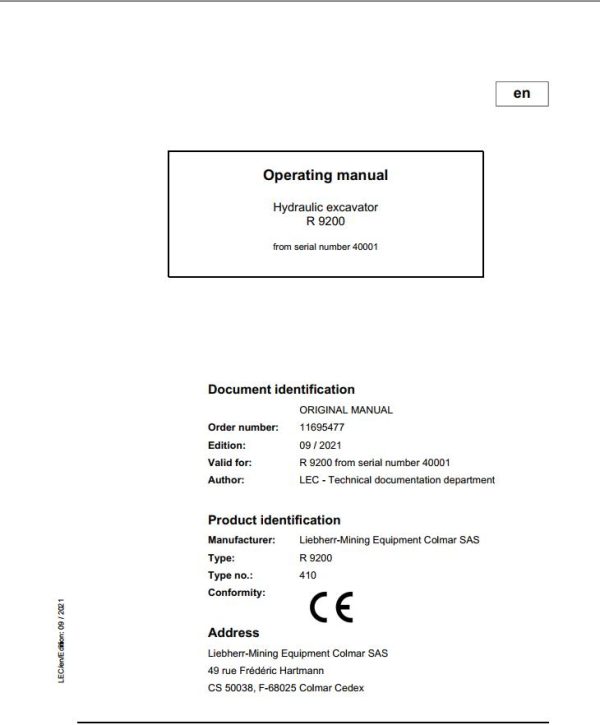 Liebherr Mining Crawler Excavators R9200 Operating Manual 2021