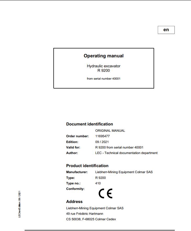 Liebherr Mining Crawler Excavators R9200 Operating Manual 2021