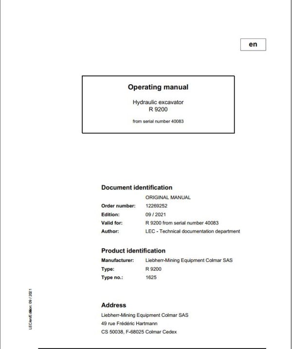 Liebherr Mining Crawler Excavators R9200 US Operating Manual 2021